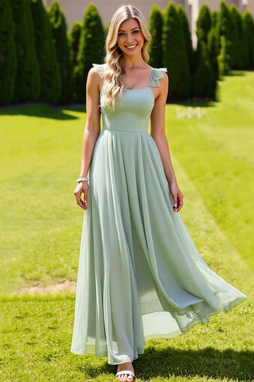 Chiffon A-Line Long Sage Green Bridesmaid Dress